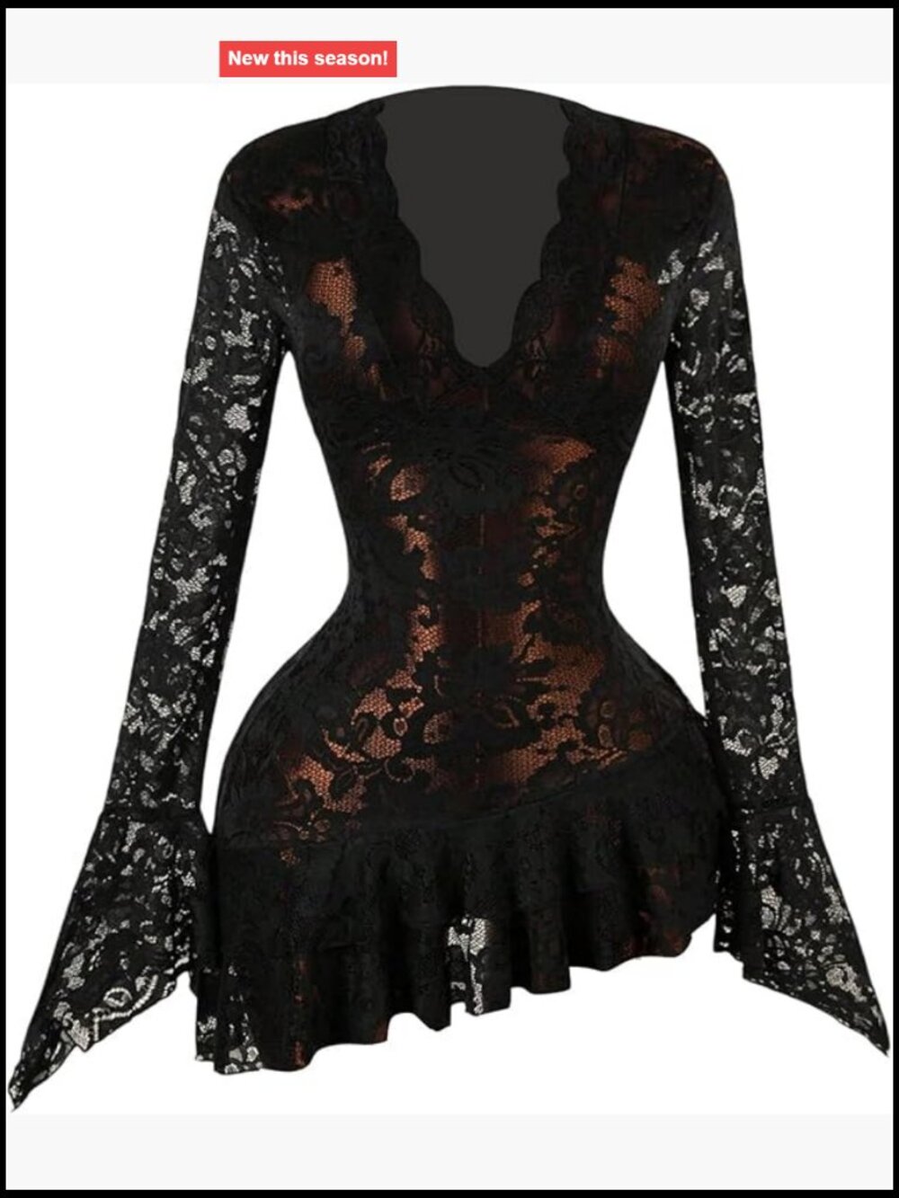 Women's Y2K Lace Mini Dress Sheer Long Sleeve Flare Bodycon Dress